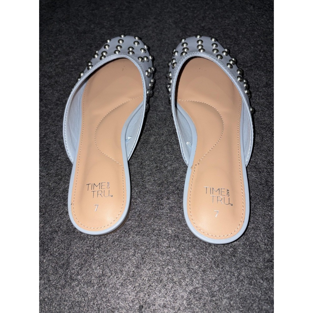 Time And Tru Shoes Womens Size 7 Blue Studded Slide Faux Leather Mules - Picture 3 of 5